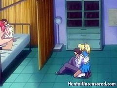 Fiery redheaded hentai schoolgirl gets her little pussy fucked by a huge cock in bathroom while her captive boyfriend watches.