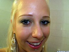 This blondie is far from being really pretty. But slim whore with tanned tits and flossy ass is pro in rimjob and likes sucking a stiff dick. Ardent whorish girlie poses naked and moves to the bed for a hot sex.