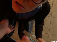 Four eyed blonde skank is so hungry for her lover's cock that it is scary. She takes his stiff cock bravely and sucks it with enthusiasm.