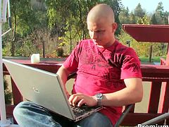 Svelte brunette babe in seductive stockings chats with a sex greedy bald dude via Skype. They decide to meet up over at his place in half an hour. She enter his room and immediately proceeds to oral fucking his sturdy penis before he pokes her in doggy and reverse cowgirl poses.
