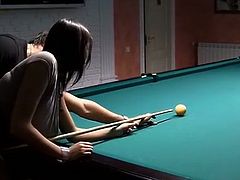 Rapacious dude teaches a curvy brunette slut in outright lingerie play pool before she oral fucks his meety cock and later gets pounded in doggy style while bending over a table.