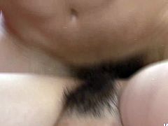 Provocative Japanese wench is wearing black stockings looking dirty and nasty. She fucks in a threesome but one of the guys cums fast. He fills her mouth with jizz in the beginning of the action. The other one keeps on pounding her cunt in a missionary position.