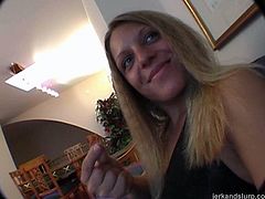 This extremely perverted blonde seductress is a sex freak. She is about to show how to handle a big hard cock with one hand.