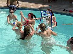 A large gathering of couples are at the mansion for some swinging. Before they switch partners to fuck the all have a giant game of basketball in the swimming area. Some couples get naked in the water and make out.