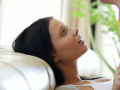 Stunning black haired Victoria Blaze with delicious ass and long legs in undies gets her feet licked while playing with her young boyfriend in living room on a lazy afternoon.