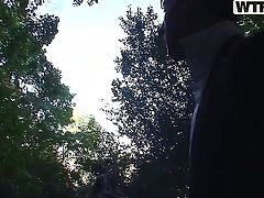 Slutty blonde chick in sexy skirt named Janet was pick uped on the street and invited in the forest