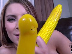 This mouth-watering hottie has the full package; she has a set of big juicy boobs and a nice round ass. Don't miss her solo action as she goes wild because of her corn dildo.