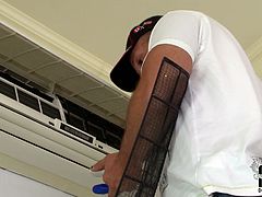 These scorching ladies are well aware of the importance of air conditioning. Today they get handsome repairman to change the filter. So they decide to seduce him with their sexy legs and feet, outfitted in colorful pantyhose and peep toe heels in this hot sex video.