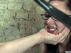 Sasha Lexing the naughty girl in glasses stands on all fours being tied up with ropes. She gets her pink pussy toyed and clothespinned in close-up scenes.