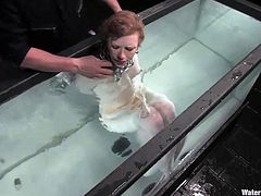 Some redhead fucking slut gets bound and toyed with and put in a big-ass fish tank with water in this perverted BDSM scene right here.