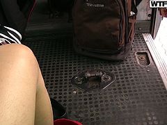 Bonny milk skinned goth chick gets on her knees and treats her partner with steamy blowjob polishing his big cock with her hands and mouth.