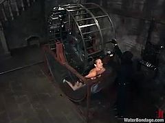 Pretty brown-haired chick is having fun with a dominatrix in a basement. She lets the mistress bind her and then gets fucked with a dildo and drowned.