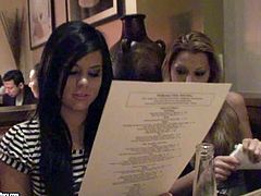 Arousing pornstar babes Sandy and Jessica Moore enjoy in having some free time and going to the restaurant wit their clients for a nice lunch, but get caught on cam as well