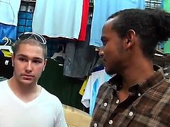 Two young average looking dudes strip everything but tight underwear and run go all over the clothes shop for some cash while getting filmed in point of view.