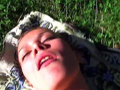 Young hottie with green eyes and huge natural boobs sucks and fucks at the picnic