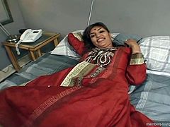 Flat breasted Indian hussy gets horny in the middle of the night. She sticks her hand under red panties to rub her soaking vagina before she gets fucked in missionary style while giving blowjob in steamy MMF sex video by Indian Sex Lounge.