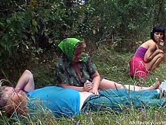 Shabby Russian mature is trying to aroused a weak dick of her hubby by rubbing it intensively with her hand. Later a sizzling brunette slut joins them to help her by giving him a blowjob in sultry FFM sex video by Pack of Porn.