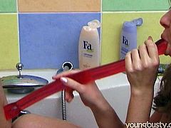 Voracious and hot like fire lesbos are in the bathroom. They forget about washing and start masturbating. Wondrous blond cuties have a red dildo which is more than useful for polishing their wet cunts right in the bath. Check out slim gals with sweet boobs and smooth asses in Young Busty sex clip and you'll jizz at once.