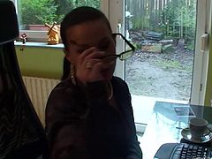 Cute brunette secretary does her office work and gets molested by her cocky boss. So bitch fills her mouth with his big dick and gets her black pantyhose ripped up.