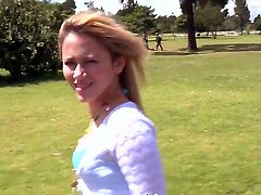 Slender shaped blonde Tatiana met some guy outdoors and came to his place to suck his dick and get fucked.