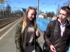 Milk skinned brunette chick gets hooked up at the train