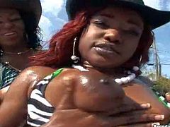 Jay enjoys in having a chance to see two hot and aroused black lesbian babes in action, while they are dressed as cowgirls and playing with each others boobs