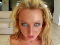 Cum swallowing blonde bitch Diana with heavy make up and hot body gets her holes demolished by two filthy studs with fat cocks in living room in close up