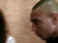 Sexy brunette gets fucked hard in her wet tight pussy by her boyfriend in a public toilet.