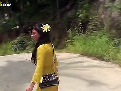 Sexy Asian babe in yellow outfit Bella gets horny and masturbates in a public solo scene