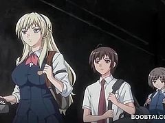 Brunette busty hentai schoolgirl gets wet snatch fingered upskirt