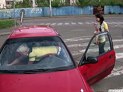 Brunette chick meets blond guy on a street. He offers her to have fun together so she agrees. They drive to the country side. When they are at the place, horny guy kneads Nataly's tits and suckles her nipples.