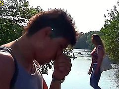 Teen babes giving their boyfriends a nice blow job and watches as he cums on her face in public