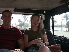 Pale amateur brunette Evelyn Jacobs with long legs in short denim skirt has some fun in bang bus with handsome stud and takes on his meaty pecker with big smile on face.