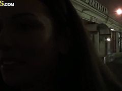 Pretty brunette walks out of a restaurant with her boyfriend to give him a nice blowjob.