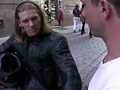 This twink met an old friend and it turned out that he is a biker now. He went to his place for a beer, but got his cock sucked and fucked!