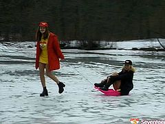 Two sizzling chics red-haired and brunette flash their tits while having fun outdoor. Later they get inside the house where they proceed to dirty lesbian games by tongue fucking each other's bearded vaginas.