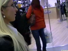 Four eyed blondie gives head to her man in mall's restroom