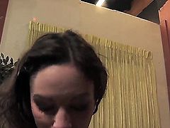 Young tempting brunette slut Amber Rayne with natural boobs and slim body in black underwear gets her face fucked rough by her filthy lover all over the living room.