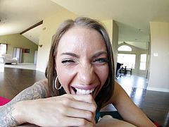 No matter where this tattooed bitch is, all she wants to stuff her mouth with a cock. Here she is already holding one and opening her pretty mouth to put it between her lips. She slides her lips on that dick, strokes it with her hand and plays with herself to gain some pleasure as she pleases the dick.