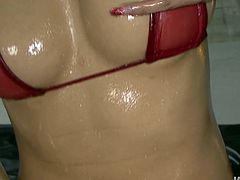 Slender Japanese hussy in tiny purple bikini rubs her petite frame with a massage oil paying attention to her tits and vagina before she kneels down to give a thorough blowjob in steamy solo sex video by Jav HD.