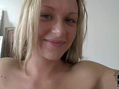 Young tempting natural blonde babe Amanda Blake with adorable blue eyes and sexy tattoo on lower back gets naked and teases with tight ass at interview in point of view