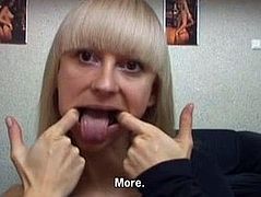 Spoiled blondie has almost no tits. Dirty harlot with fist nipples undresses. Talkative bitch stands on knees and opens her mouth wide. Gosh, there's no doubt she can plug a cock deep into her throat.