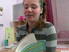 Maggie is attractive Russian teen skank with chubby body and braided ponytails. She seduces her tutor at home flashing her fresh big tits and ample pussy lips. She takes meaty white cock in her pretty mouth sucking it deepthroat until she chokes up with dick.