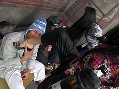 These chicks are so horny that it is really scary! When they get joined by some homeless men it doesn't take long before they are sucking off their cocks.