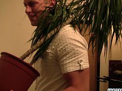 Brunette girl Nikki carries a small tree walking down the street. Blond guy offers her help so the head to her house together. When they are indoor they start kissing passionately so it seems it leads to a dirty sex.