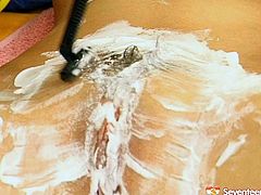 This dude could make that girl to shave her bearded clam so he decided to do it himself. So he orders her to spread her legs wide. He smears hairy pussy with shaving gel. After he gets rid of hair he licks tasty peach.