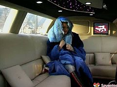 Horny brownhead babe with slim sexy body is solo masturbating in a limo. She moans seductively rubbing wet twat with fingers. Hot Seventeen Video for free on AnySex.