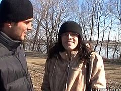 She is dirty slut that is ready for any creepy shit for money. So she exposes her breasts outdoor. That is not all she is up for today. So she sips her jeans down, squats down right where she stood and starts pissing.