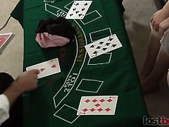 Two of three girls lose at Blackjack. They must take all their clothes off and masturbate while another babe films them.