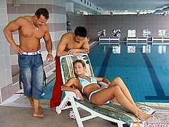 Two horny dudes drill one nasty teen bitch near the pool. They penetrates all her holes one after another. Go for the steamy FMM sex tube video produced by Seventeen porn site.